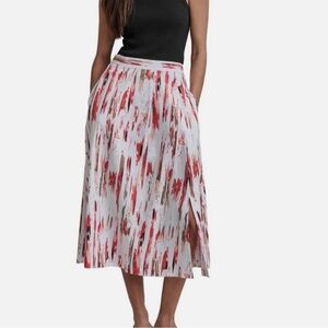 DKNY Skirt Womens XL White Red Linen Blend Midi Slit Abstract Pockets Boho Y
